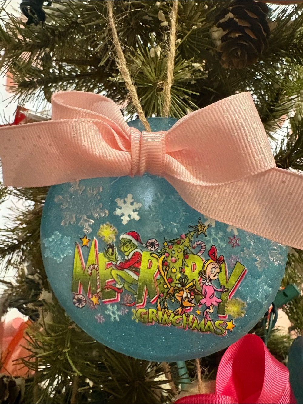 Grinchmas Blue Holiday Ornament with Pink Bow